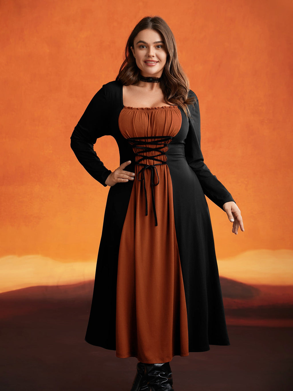 Stretchy Knit Adjustable Tie Frill Trim Midi Dress