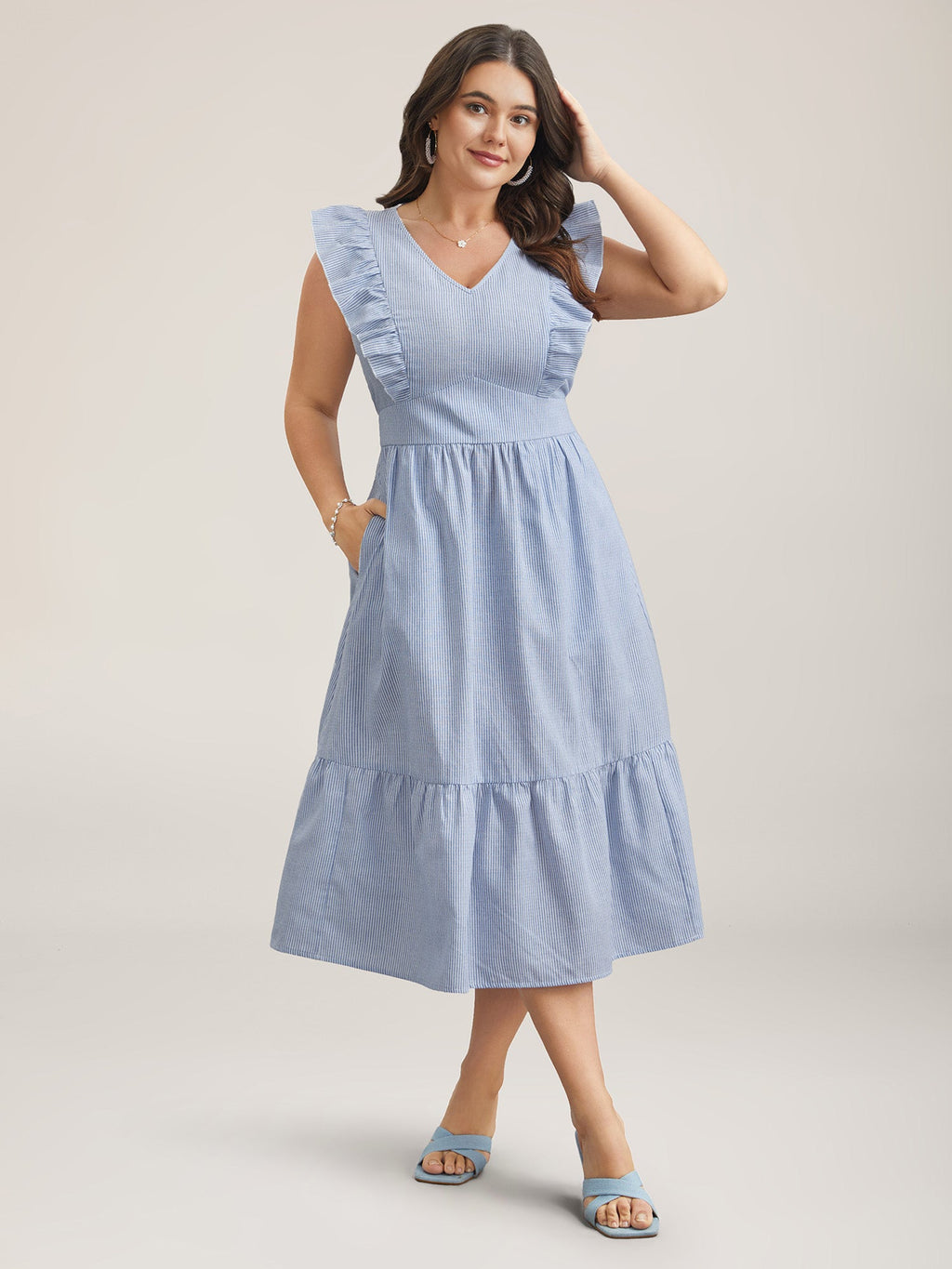 Ruffled Striped Print Triangular Waist Midi Dress