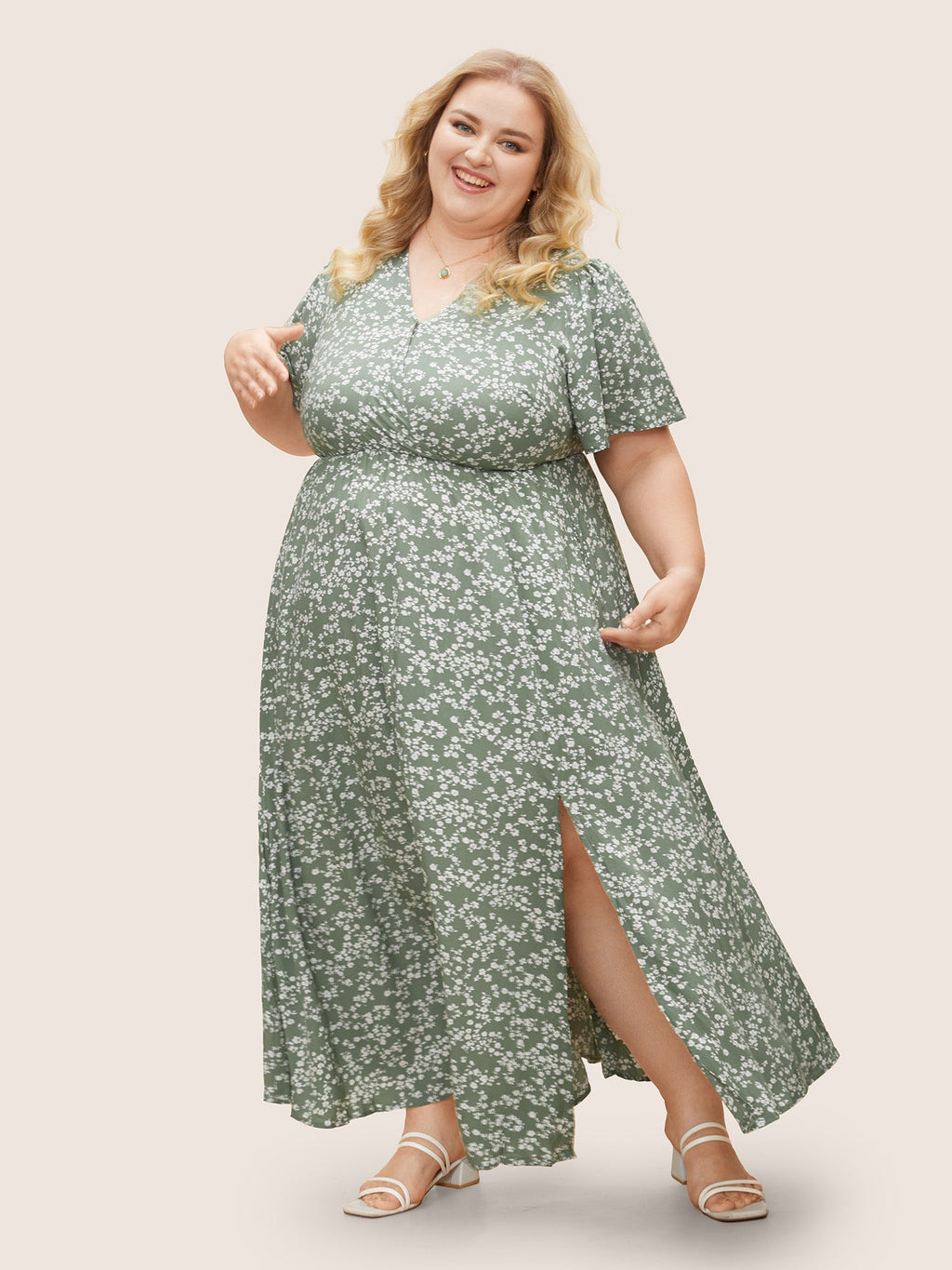 Bloom Dress - Flutter Sleeve Ditsy Floral Pocket Split Maxi Dress