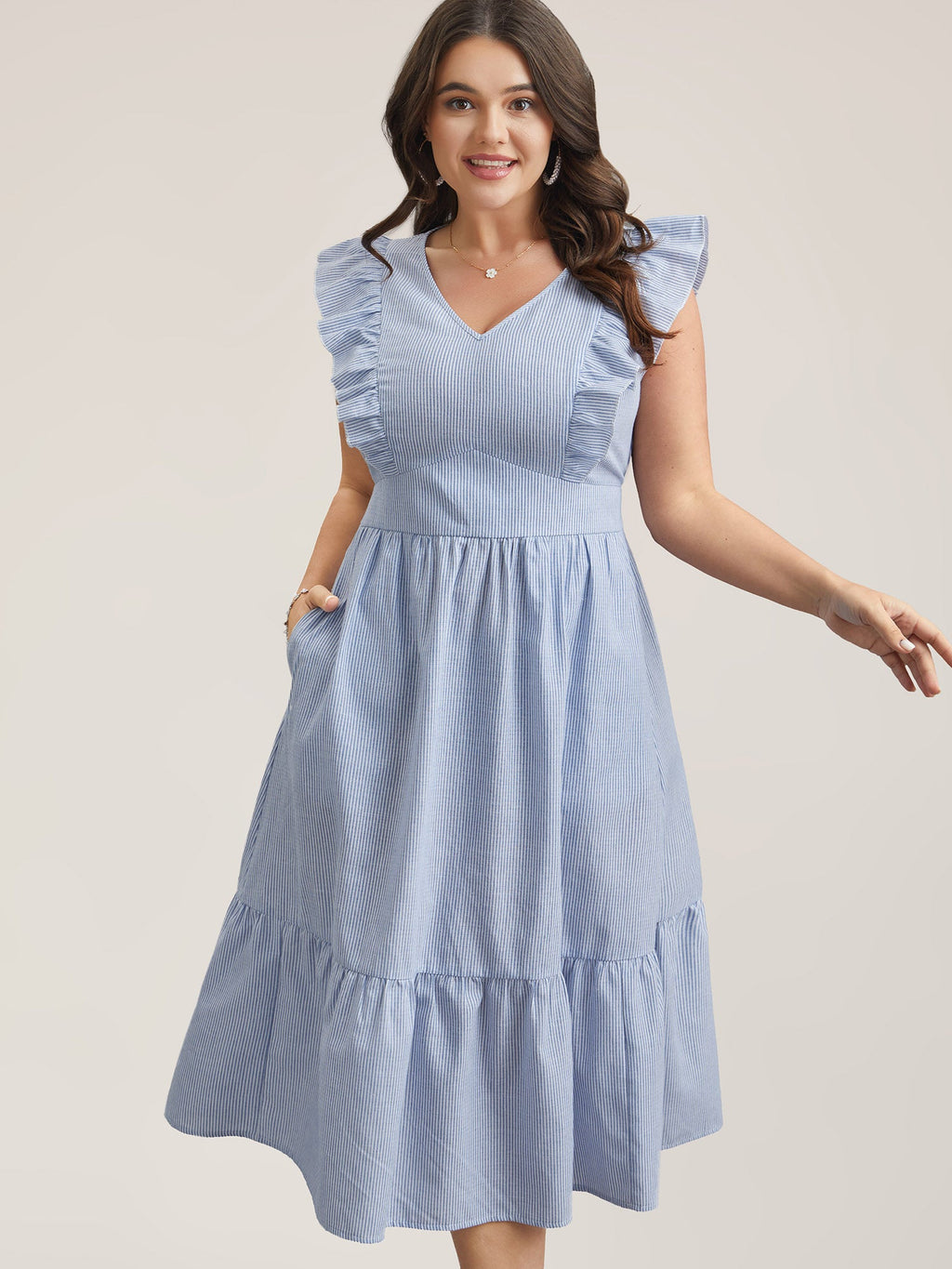 Ruffled Striped Print Triangular Waist Midi Dress
